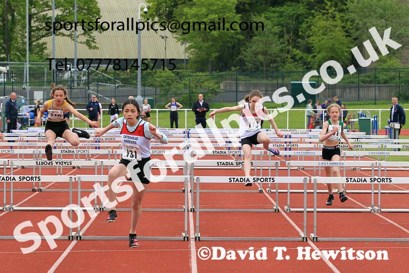 Girls Under-13s 70 metres hurdles, 2023 North Eastern Track and Field Champs., Middlesbrough Sports Village, Middlesbrough. Photo: David T. Hewitson/Sports for All Pics